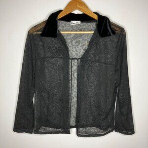 VTG 90's Y2K Rave City Sheer Glitter Paisley Top Velvet Collar Women's Small